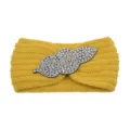 Yellow knitted rhinestone leaf headband, retro wide hair band for yoga and daily wear. - Yellow