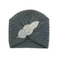 Dark gray knitted turban hat with crystal leaf brooch, warm winter retro ethnic beanie for women. - Dark Gray
