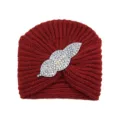 Red rhinestone leaf knitted turban hat winter warm boho beanie headwear for women fashion - Jujube Red