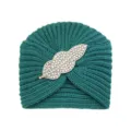 Green knitted turban hat with rhinestone leaf accessory warm winter beanie for women. - Dark Spruce
