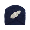 Knitted turban hat for women, elegant rhinestone leaf brooch, warm winter slouchy beanie. - Navy Blue