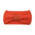 Orange knit headband with sequin bow, cozy winter ear warmer and stylish elastic hair accessory. - Orange