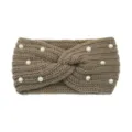 Fascia per capelli in maglia beige con perle, turbante invernale caldo ed elegante. - Kaki
