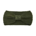 Dark green knitted headband with sequin bow, winter warm elastic hairband ear warmer. - Dark Pickle Green