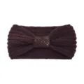 Dark brown knit headband with sequin bow, warm winter elastic hair accessory for women. - Coffee