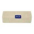 Beige knitted headband with green embroidered NICE logo, stylish Y2K elastic warm hair band. - Beige