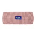 Pink knitted headband with letter patch, soft wool warm winter sports hair accessory. - Pink