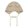 Kinder gebreide muts met schattige berenoren en bandjes, effen warme baby muts voor de winter. - Beige