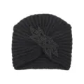 Gorro turbante de punto con cuentas negras, elegante sombrero de lana otoño invierno. - Negro