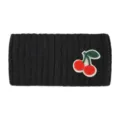 Fascia per capelli in maglia nera con ricamo di ciliegie in peluche, caldo accessorio invernale. - Nero