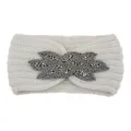 Knitted winter headband with sparkling beaded rhinestone center, stylish warm hair accessory. - Beige