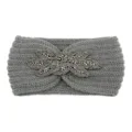 Grey knitted winter headband with sparkling beads, stylish warm hair accessory for use. - Gray