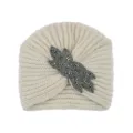 Gorro turbante de punto en color beige con broche de hoja con cuentas de cristal otoño invierno - Beis Plateado