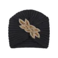 Gorro turbante de punto negro con diseño de hojas con cuentas, tocado cálido de invierno. - Bronce Negro
