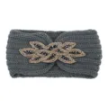 Fascia in maglia grigio scuro con ricamo di perle e cristalli dorati, scaldino per le orecchie. - Grigio