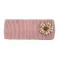 Bandeau tricoté rose avec fleur en tissu écossais, accessoire de cheveux chaud d'hiver doux. - Rose