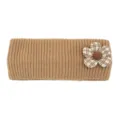 Knit headband with plaid flower accessory, brown winter warm hair band for women kids - Camel