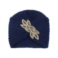 Gorro turbante de punto azul oscuro con decoracion de hojas de cuentas, comodo y calido. - Azul marino