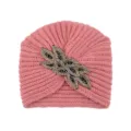 Gorro turbante de punto rosa con decoración de hojas de cuentas de cristal para mujeres. - Rosa Empolvado