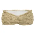 Khaki fleece-lined knitted headband with twist design for winter ear warmer and cold protection. - Beige