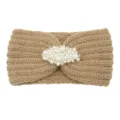 Beige knitted headband with faux pearls, stylish warm winter hair accessory for women. - Camel