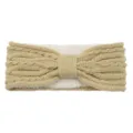 Beige fleece-lined knitted bow headband, warm winter ear warmer and cozy hair accessory for women. - Beige