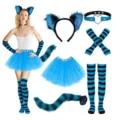 Blue and black striped fluffy animal ears and tail set for party cosplay outfits - Blue 6-Piece Set