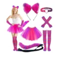 Pink fluffy cat ear headband tail and striped costume set for Halloween cosplay party - Purple 6-Piece Set (Skirt Style)