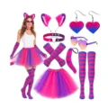 Cosplay costume set with cat ears headband, tail, choker, tutu skirt, and accessories for party. - Purple 8-Piece Set