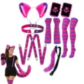 Cat fox ear headband tail choker gloves thigh high socks cosplay costume set for Halloween party - Purple Suspender 7-Piece Set