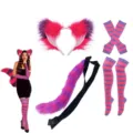 Pink purple striped cat fox ears headband fluffy tail arm warmers thigh high stockings set - Large Headband 4-Piece Set