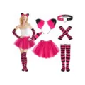 Pink and black striped cosplay costume set with cat ears headband, tail, tutu, and choker. - Black Headband 5-Piece Set (Skirt Style)