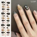 Handmade short almond press-on nails with black gold foil and 3D butterfly design. - Vintage Gold Flower (SJ24#)