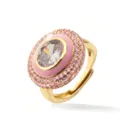 Anello in ottone dorato con zircone centrale ovale, smalto rosa e pietre brillanti incastonate. - Ovale / Oro Rosa Smalto Bianco Zirconia Ovale