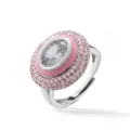 Squisito anello argentato con zircone ovale, smalto rosa e bellissime pietre brillanti. - Ovale / Oro Bianco Rosa Smalto Bianco Zirconia Ovale