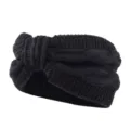Black knitted headband for women, thick winter warm cable knit hair band with cute bow. - Black