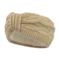 Cable knit winter headband with cozy fleece lining, stylish bow twist ear warmer for women. - Beige