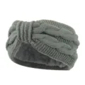 Grey fleece lined knit headband with cable braid and bowknot for winter warmth. - Dark Gray