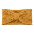 Yellow knitted headband with bow twist design, warm woolen hair accessory for winter. - Turmeric