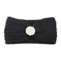 Black knitted headband with pearl flower decor, warm winter ear cover for yoga and daily use. - Black