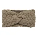 Knit headband detail view, cozy winter twist design, soft fuzzy ear warmer for women. - Khaki