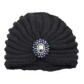 Black knitted turban hat with crystal rhinestone brooch, stylish bohemian headwear. - One Size / Black
