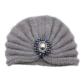 Grey knitted turban hat with sparkling crystal beaded brooch bohemian headwrap winter warm - One Size / Gray
