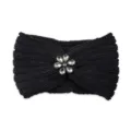 Black knitted headband with rhinestone flower, cozy ear warmer for yoga, sports, and daily wear. - Black