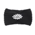 Black knitted rhinestone headband, stylish crystal flower ear warmer for winter daily wear. - Black