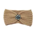 Khaki knitted headband with crystal flower, warm winter ear warmer hair accessory for women. - Camel