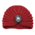 Red knitted turban hat with crystal brooch decoration, bohemian warm winter beanie cap. - One Size / Wine Red