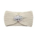 Beige knit headband with crystal rhinestone embellishment, warm winter ear warmer hair accessory. - Beige