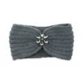 Grey knitted headband with rhinestone flower crystal warm winter hair accessory for women girls - Dark Gray