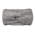 Close-up view of grey knitted twist headband with shimmering gold thread details. - Medium Grey